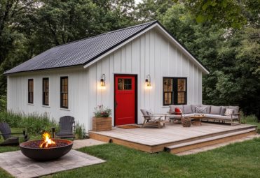 Small white ADU with red door, deck and gazebo in sunny backyard Small white ADU with red door, deck and gazebo in sunny backyard