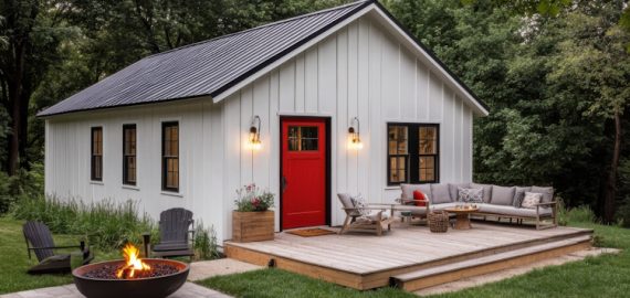 Small white ADU with red door, deck and gazebo in sunny backyard
