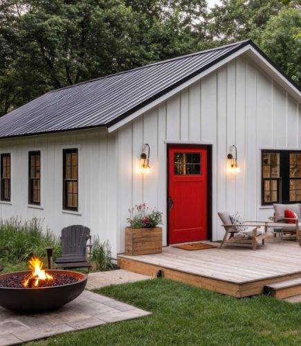 Small white ADU with red door, deck and gazebo in sunny backyard