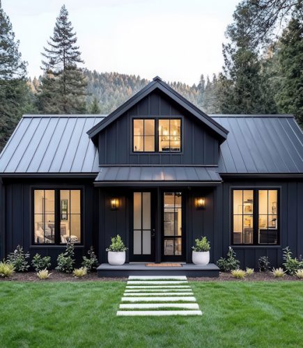 Farmstyle guest house with board and batten siding, metal roof, and barnyard decor