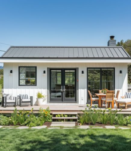 Professional photo of a single-level ADU with modern farmhouse style, frontal elevation view, showcasing the backyard in Marin County, California.